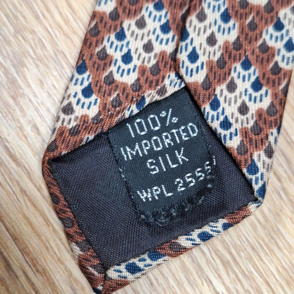 Lanvin Vintage Brown Cream Blue Geometric 100% Silk Tie Necktie Mens USA